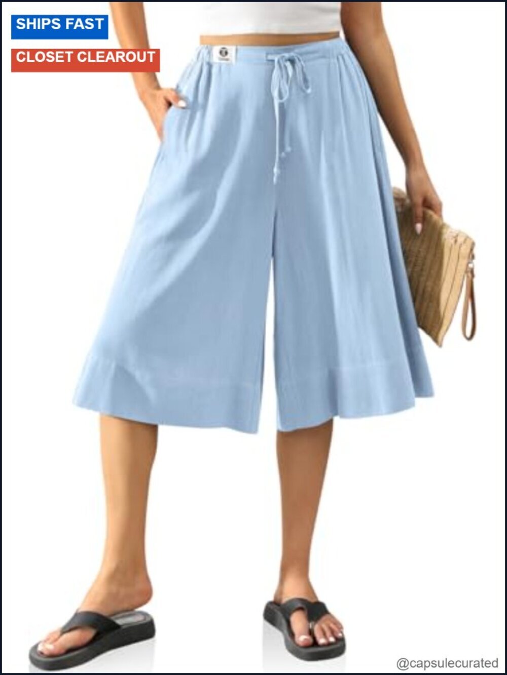 Linen Rayon Wide Leg Capri Pants with Pockets Elastic Waist Drawstring